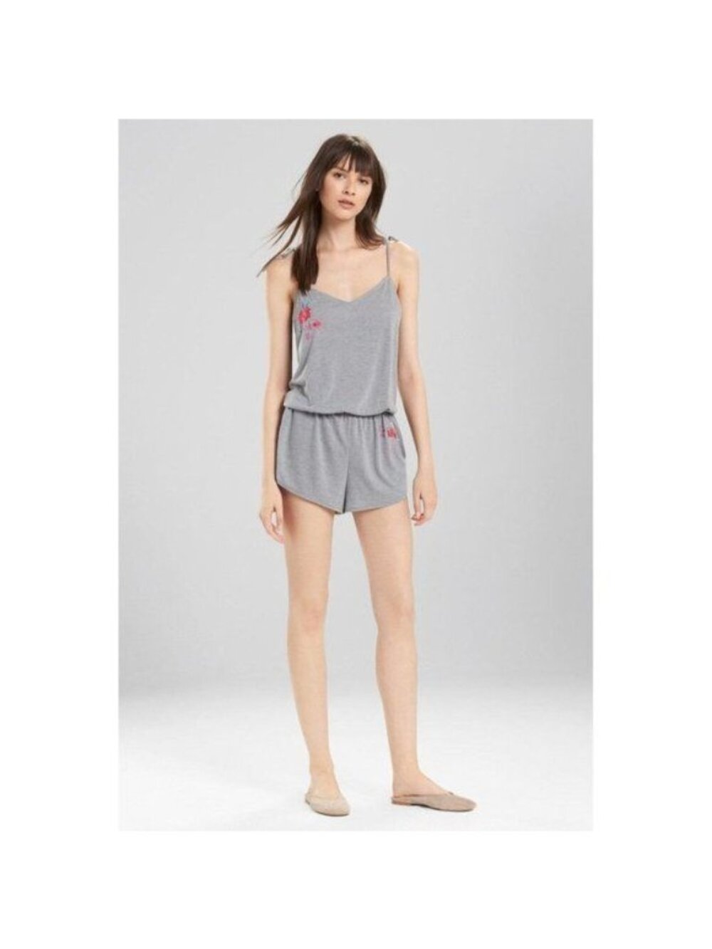 Josie Natori Heather Grey Floral Embroidery Romper